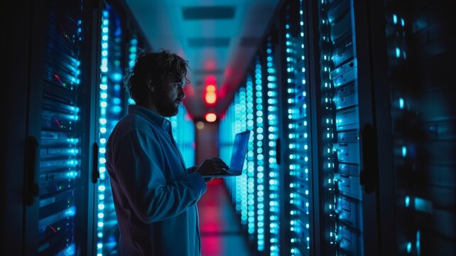 man looking at has laptop in a hallway of teca analysis