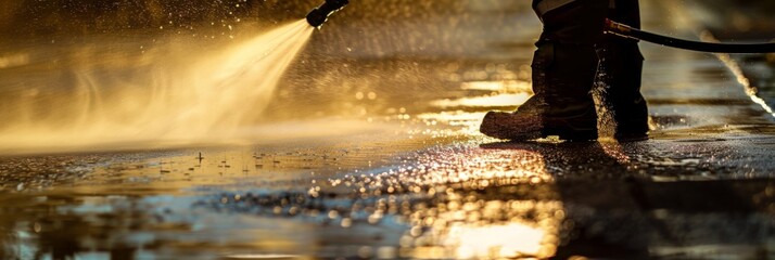 Man operating high pressure water jet and vigorously cleaning sidewalk and driveway - obrazy, fototapety, plakaty
