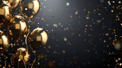 Obraz premium Shower of confetti and golden balloons falling on a sleek black background, with space for text