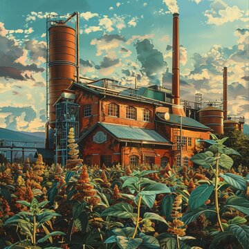 A retro-style painting of a whiskey distillery with mint plants growing nearby, high-resolution, photographic style