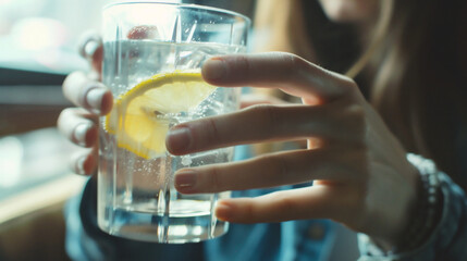 Close-up of female hand holding a glass of water with lemon