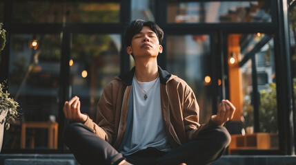 young asian man meditating in lotus pose on terrace - obrazy, fototapety, plakaty