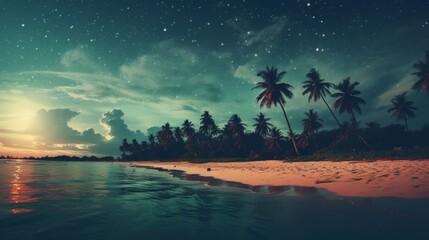 Fototapeta na wymiar Vintage fantasy tropical beach under starlit sky and full moon in retro style artwork