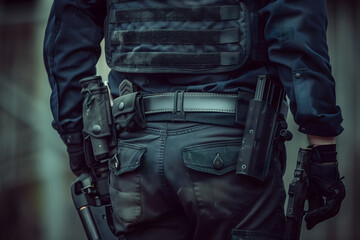 Tactical police gear with gun, baton, and handcuffs - obrazy, fototapety, plakaty