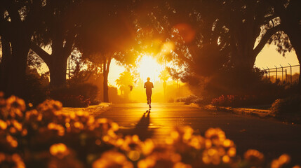 Young woman jogging in the park at sunrise. Healthy lifestyle concept. - obrazy, fototapety, plakaty