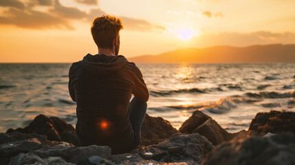 Young man sitting on the rocks and looking at the sea at sunset - Powered by Adobe