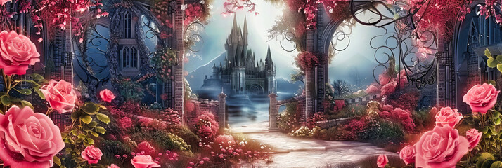 Enchanted Garden Path: A Fantasy Landscape of Magical Fairytale Elements, Inviting the Viewer Into a World of Dream and Imagination - obrazy, fototapety, plakaty