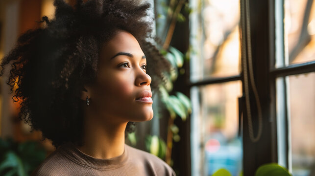 Portrait of beautiful african american woman with afro hairstyle in cafe