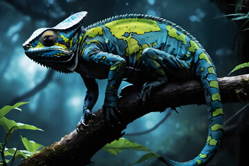 Blue chameleon at night in the jungle. A lizard sitting on a tree with a long tail. - obrazy, fototapety, plakaty