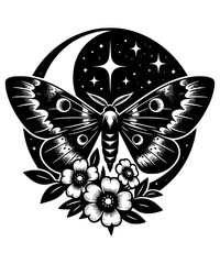 Celestial moth with flowers, stars, crescent moon, black vector boho cottagecore naturecore goth clipart logo tattoo flash art style design illustration