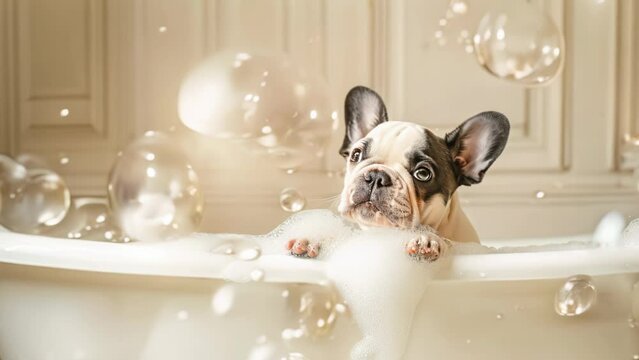 Cheerful French Bulldog Puppy in Vintage Clawfoot Tub with Bubbles. Generative ai