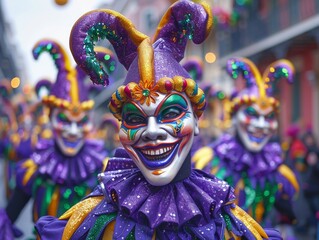 Mardi Gras parade in New Orleans, vibrant and festive with floats and costumed performers, lively...