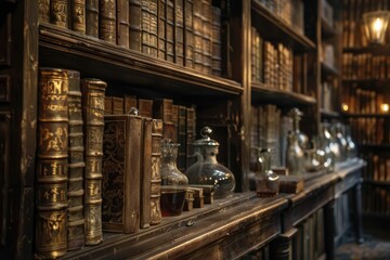 Wander through the hallowed halls of a dark academia library, where leatherbound books and potion bottles hint at untold secrets