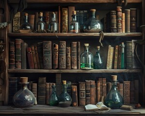 Shadowy library bookshelves, oldworld books meet mysterious potion bottles in harmony - obrazy, fototapety, plakaty