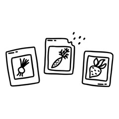 Vegetable seed packets. Carrot, beet and onion. Spring gardening season. Black and white vector isolated illustration hand drawn doodle. Sowing seeds for harvest. Clip art