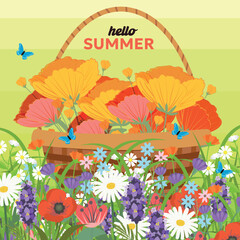 Hello summer poster with basket wildflowers. Summer botanical flat vector illustration on white background for wallpapers, banners, flyers, invitations, posters