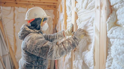 Insulation of walls with foam, energy and heat saving of walls, worker treats walls with foam generative ai - obrazy, fototapety, plakaty