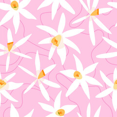 Vector Seamless Daffodils Narcissus Pattern on pink background. Beautiful spring flowers design for textile, postcards, wallpaper, wrapping paper. Vector illustration flat style