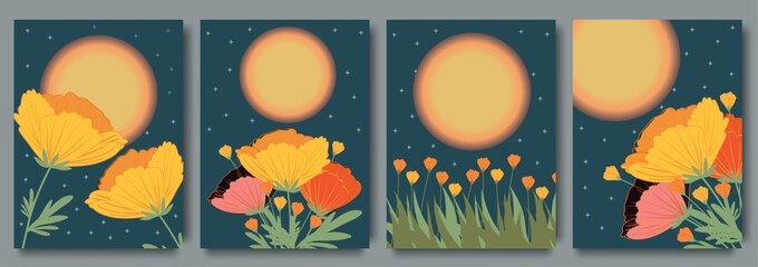 Set of trendy summer posters with flowers. Summer set of the cutest cards or posters for the summer holiday with wildflowers. Hand drawn Floral art templates. summer season or natural concept - obrazy, fototapety, plakaty