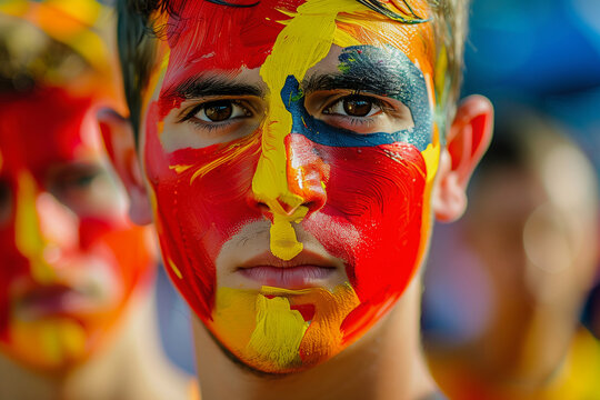 A man with red and yellow paint on his face. He has a serious look on his face