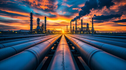 Sunset View of Pipelines Leading to Industrial Petrochemical Plant
 - obrazy, fototapety, plakaty