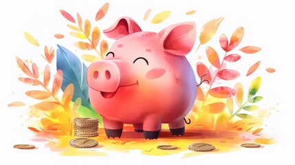 Piggy bank with coins, watercolor