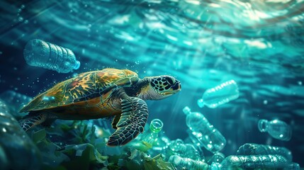 Turtle swimming underwater between discarded plastic bottles 