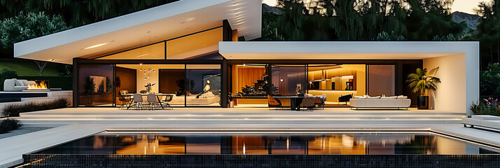 Exotic Modern Living: A Luxurious Villa at Dusk, Emphasizing Unique Architectural Elements and Outdoor Elegance