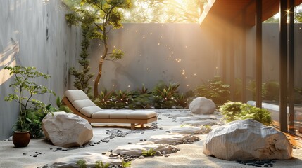 Backyard with lounge chair, stone pathway, and a potted succulent. Achieving tranquility through minimalist