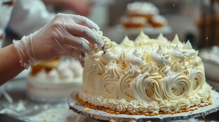 Pastry Chef Decorating Luxurious Cake. Artistry in Confectionery