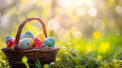 Close up of colorful Easter eggs in a basket, close up of colorful easter eggs in a basket in hands no face ai generated 