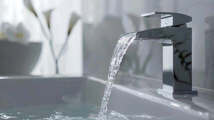 a stream of water flows from an open steel tap in the bathroom close up on a light background