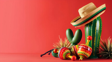 banner on "cinco de mayo" on a red background  cactus , maracas and traditional mexican patterns with copy space