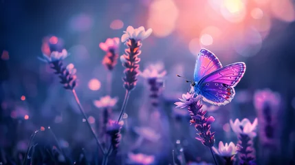 Foto op Canvas A lilac butterfly sits on a lavender flower in a lavender field in sunset lighting. Natural banner. © Tanya