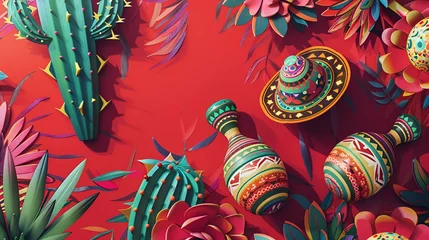 Fotobehang banner on "cinco de mayo" on a red background sombrero cactus , maracas and traditional mexican patterns  © katerinka