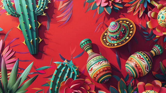 banner on "cinco de mayo" on a red background sombrero cactus , maracas and traditional mexican patterns 