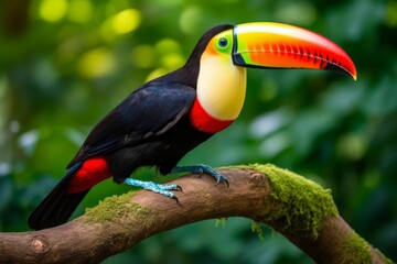 Colorful toucan perched on tropical rainforest tree branch in its natural habitat