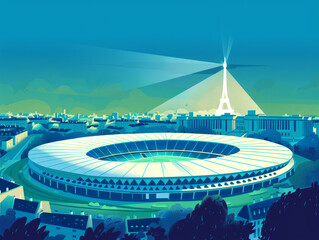 Olympic Stadium in Paris with the Eiffel Tower in the background with copy space. Illustration.