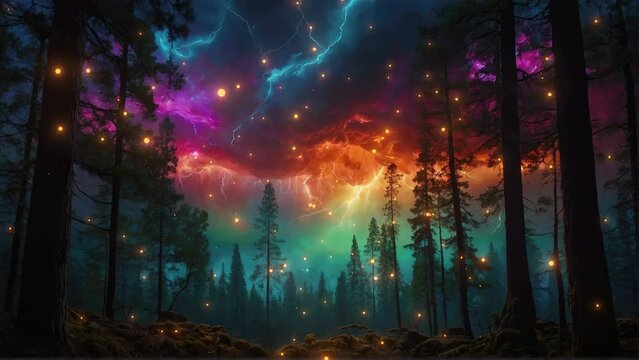 Celestial Storm A mesmerizing digital painting with a giant storm in space and a fiery forest below, alive with bioluminescent hues.