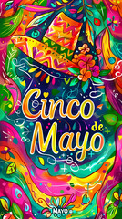  inscription on a multi-colored background "Cinco de Mayo" with a traditional Mexican pattern