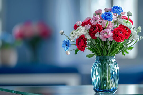 Colorful ranunculus bouquet in glass vase in blue room.