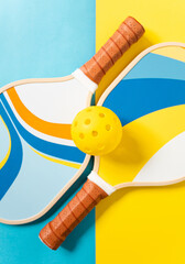 Vertical photograph of two pickleball rackets and a ball on a yellow and blue background. The...