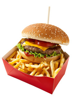 A genuine advertising image featuring a burger and fries presented in a red box against a white backdrop.



