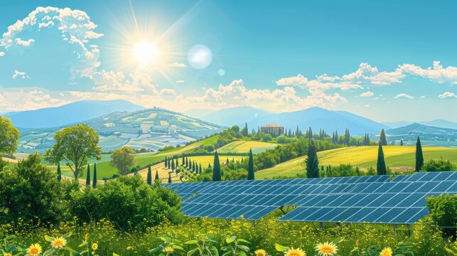 Solar panel generation with green agriculture farm, Environment technology, Clean energy