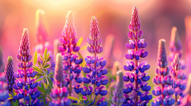 Blooming purple lupins in the field in golden sunset light.