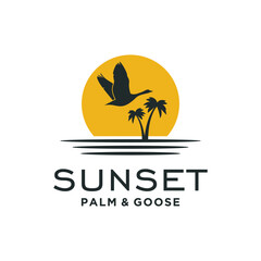 Beauty Flying Pheasant Bird over the creek river palm trees Silhouette for Wildlife Nature Sunset Logo design
