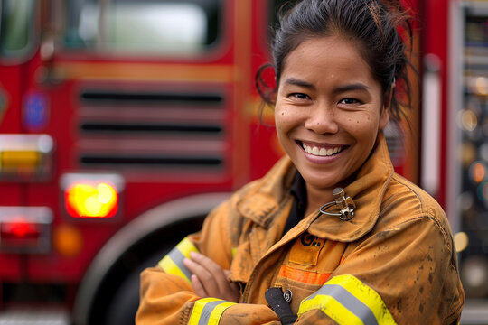 Happy smiling asian woman firefighter or firewoman in uniform standing next to a red fire truck.