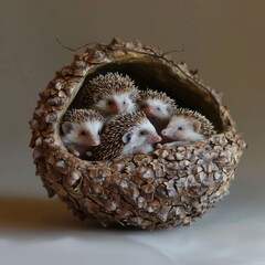 Obraz premium A family of hedgehogs curl up together in a bed of colorful autumn leaves cute