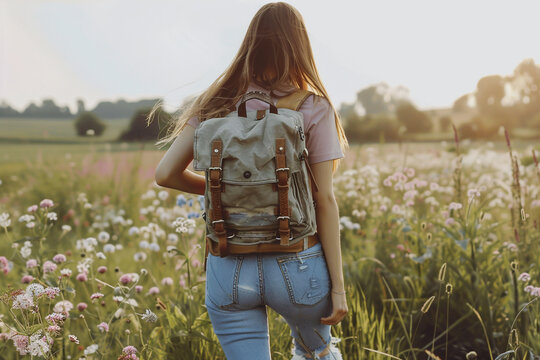Back view of hiking girl with backpack in summer flower field. Travel concept.