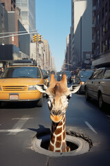 Fantastic illustration: the neck and head of a giraffe sticking out of a sewer manhole in the...